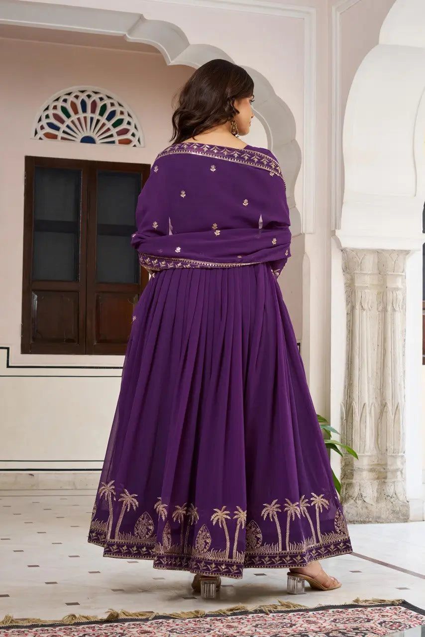 Embroidered Faux Georgette Gown Set