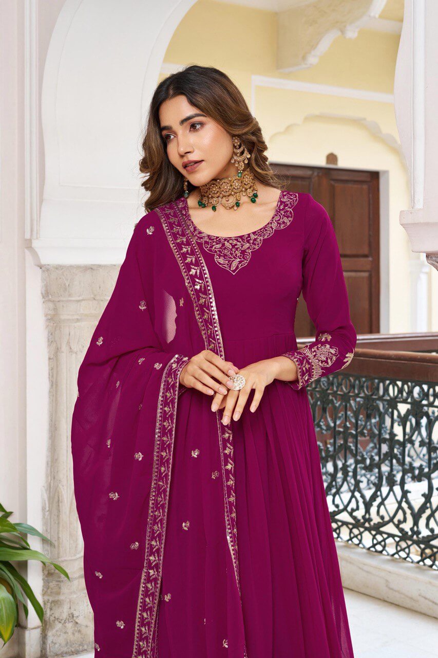 Embroidered Faux Georgette Gown Set