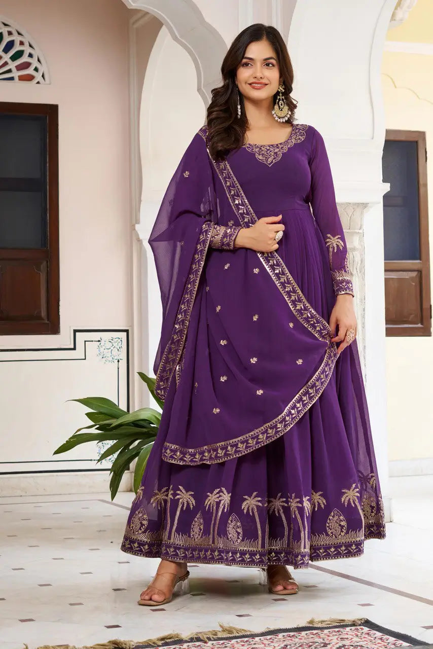Embroidered Faux Georgette Gown Set