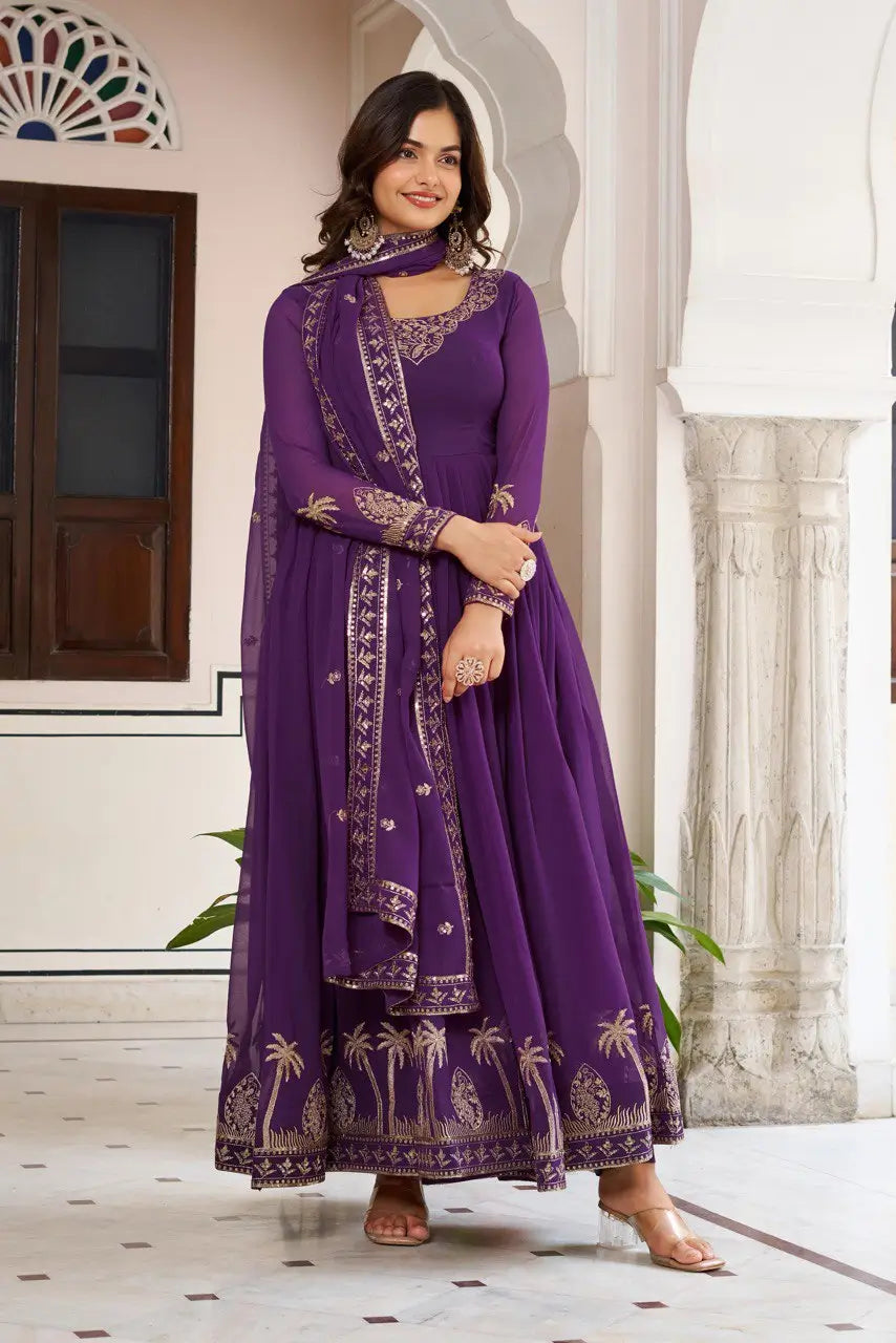 Embroidered Faux Georgette Gown Set