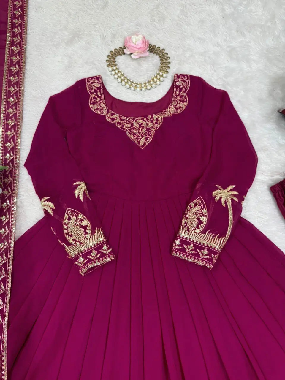 Embroidered Faux Georgette Gown Set