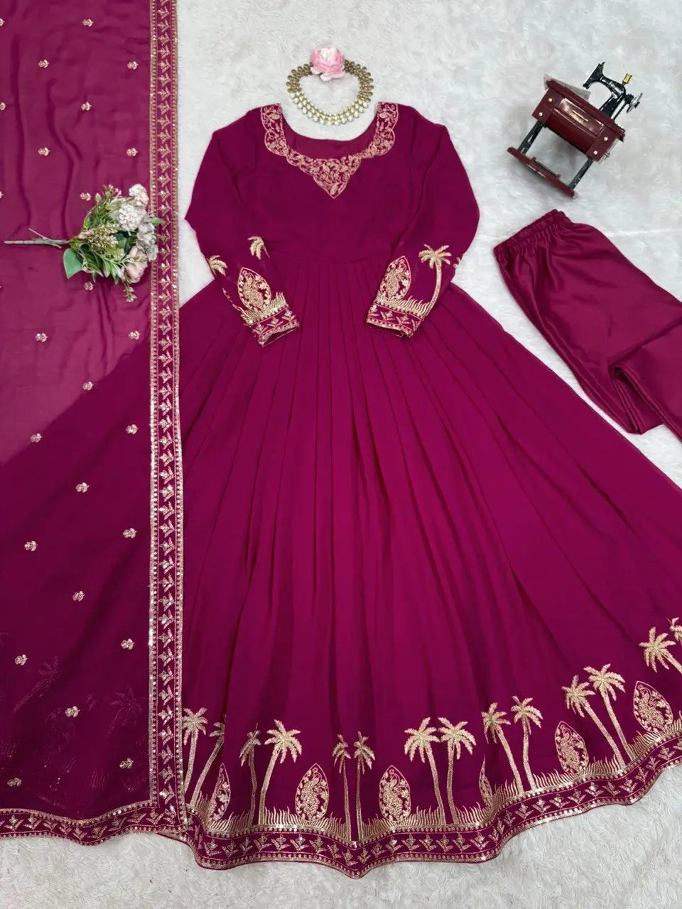 Embroidered Faux Georgette Gown Set