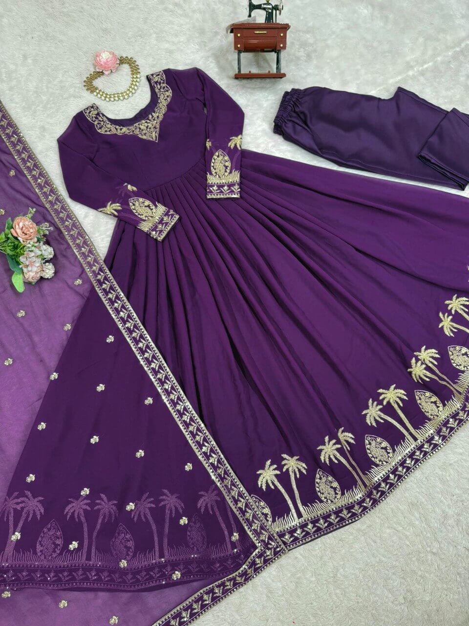Embroidered Faux Georgette Gown Set