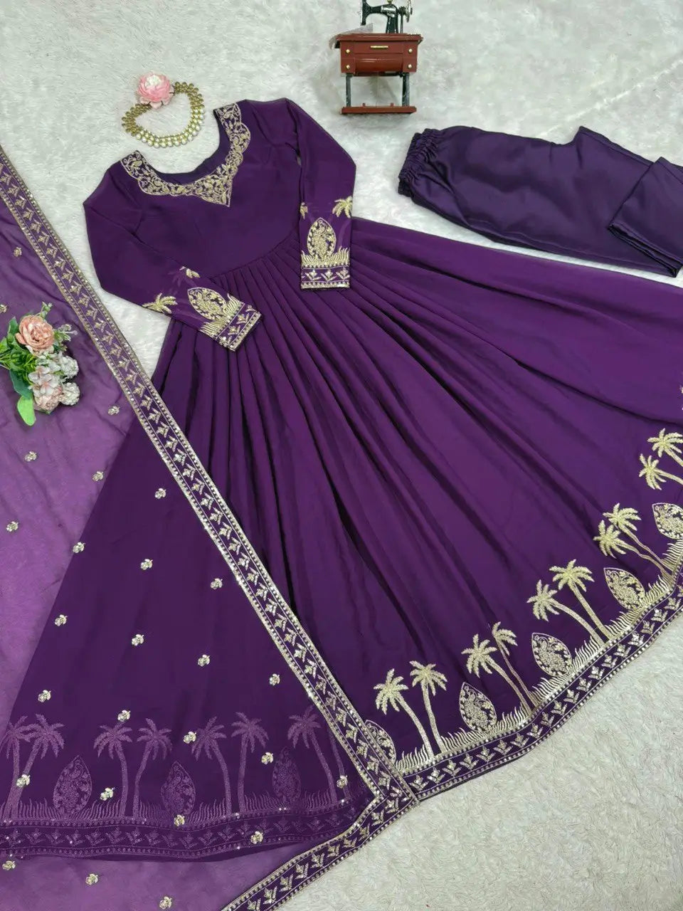 Embroidered Faux Georgette Gown Set