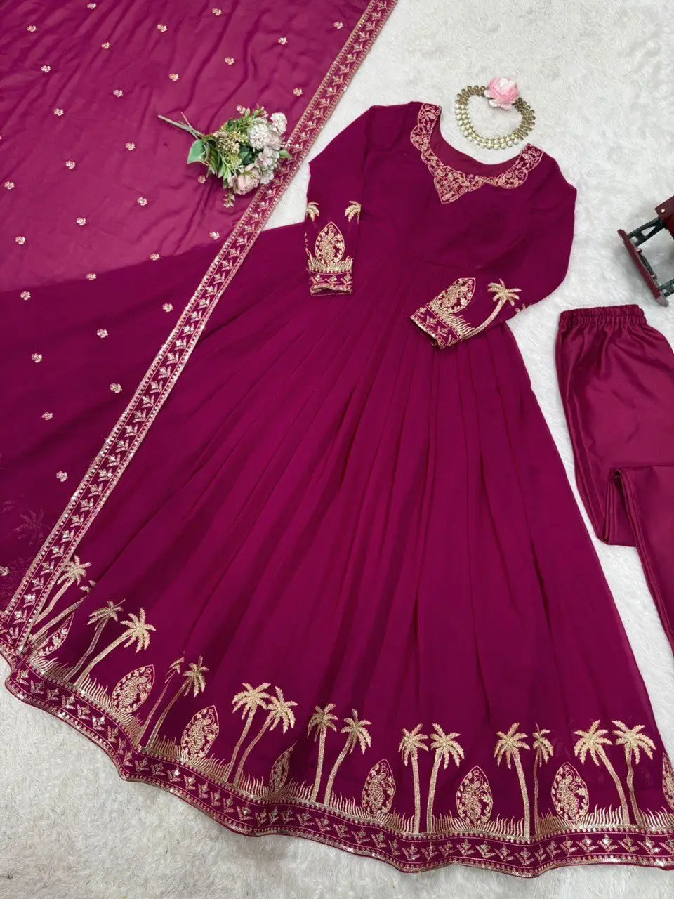 Embroidered Faux Georgette Gown Set