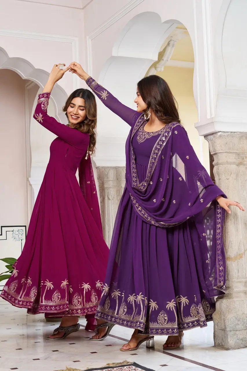 Embroidered Faux Georgette Gown Set