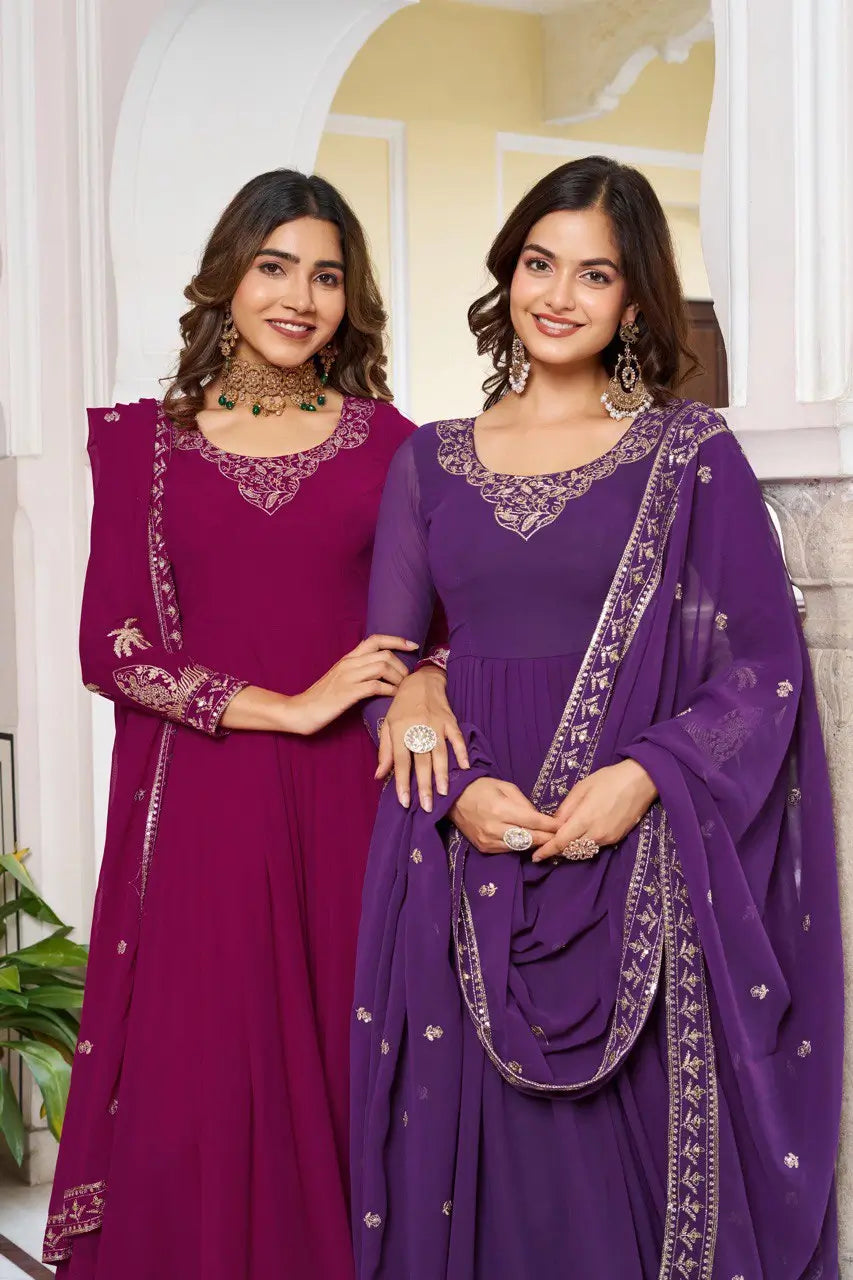 Embroidered Faux Georgette Gown Set