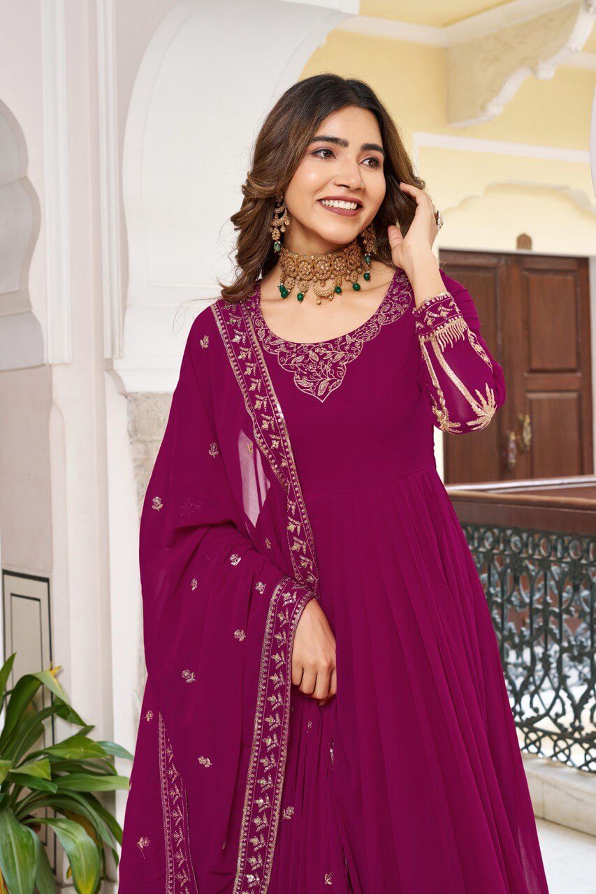 Embroidered Faux Georgette Gown Set