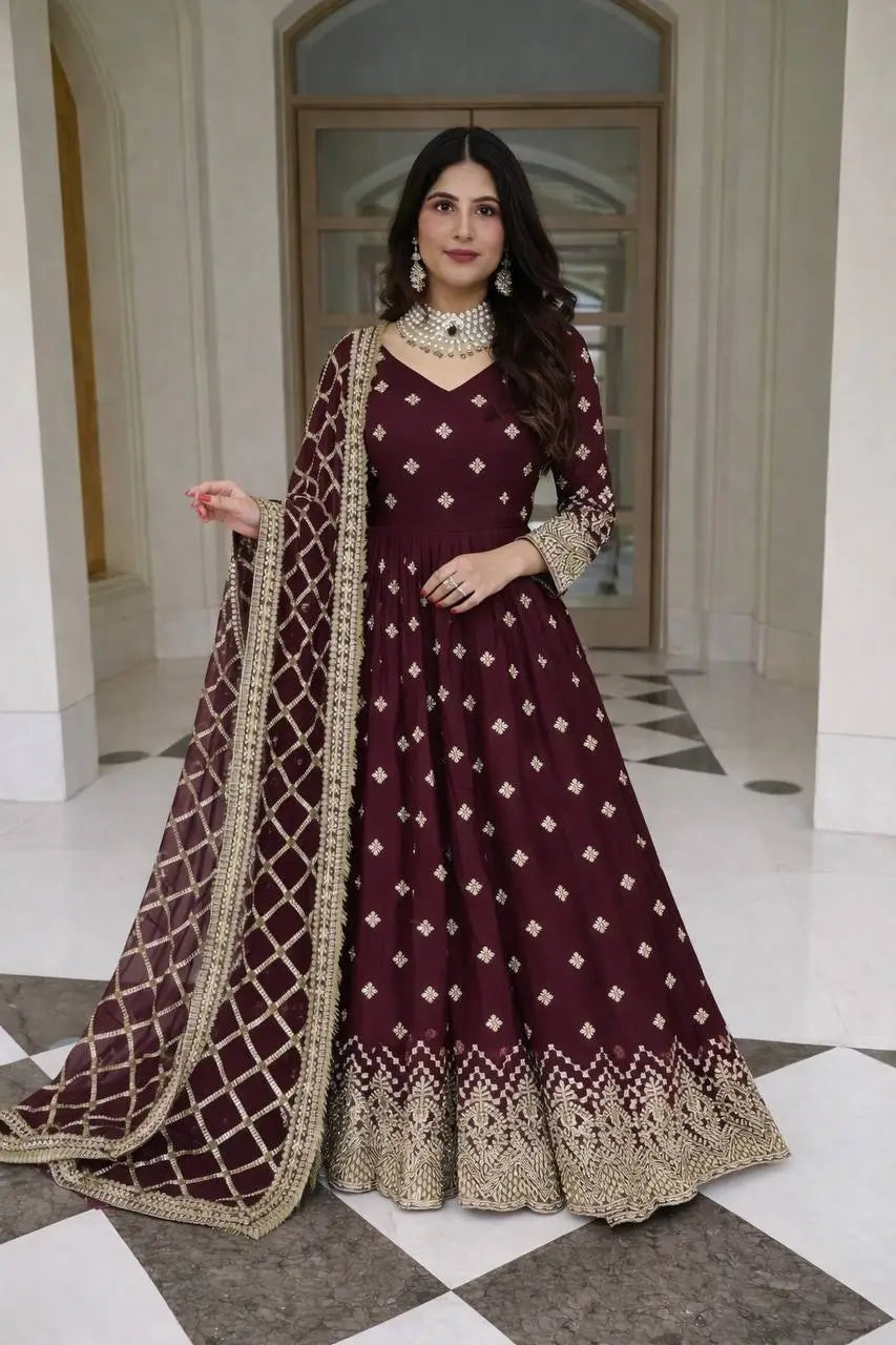 Embroidered Faux Georgette Gown Set with Dupatta