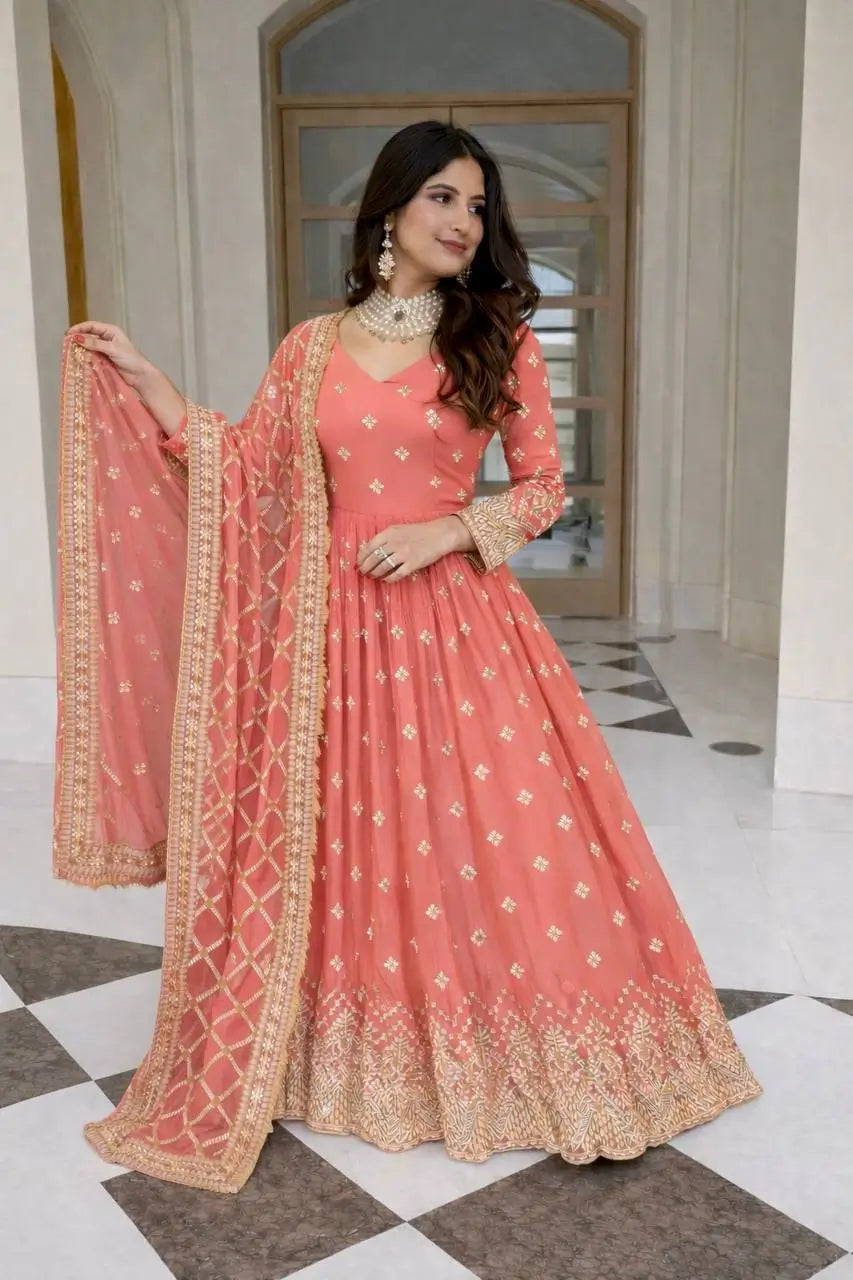 Embroidered Faux Georgette Gown Set with Dupatta