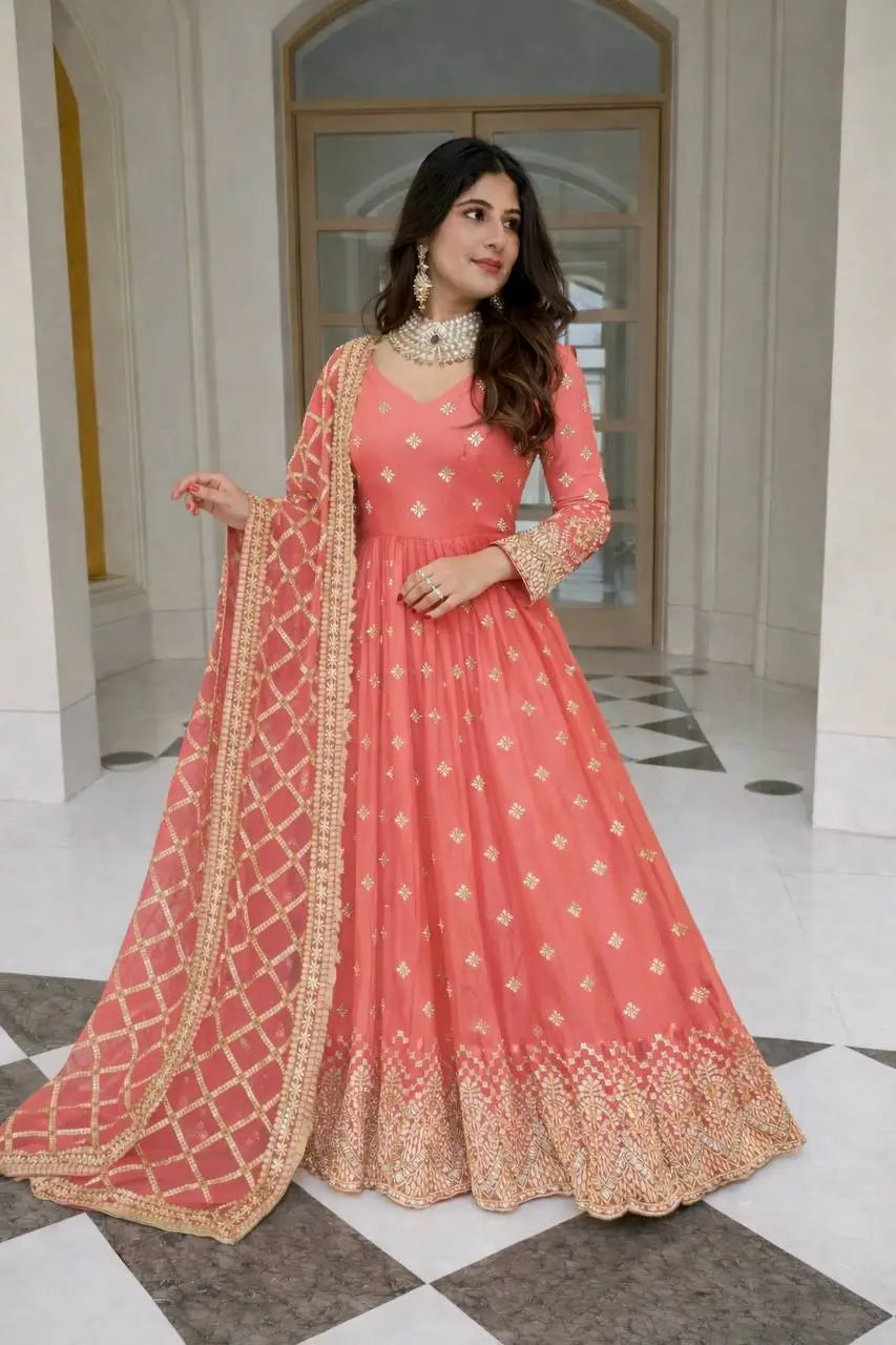 Embroidered Faux Georgette Gown Set with Dupatta