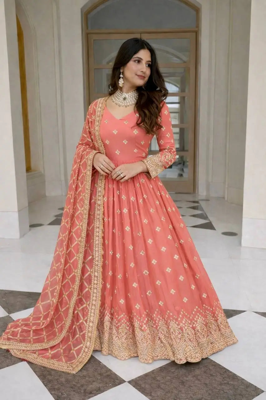 Embroidered Faux Georgette Gown Set with Dupatta