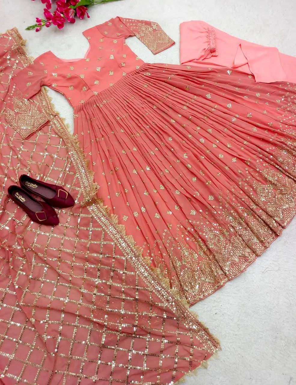 Embroidered Faux Georgette Gown Set with Dupatta