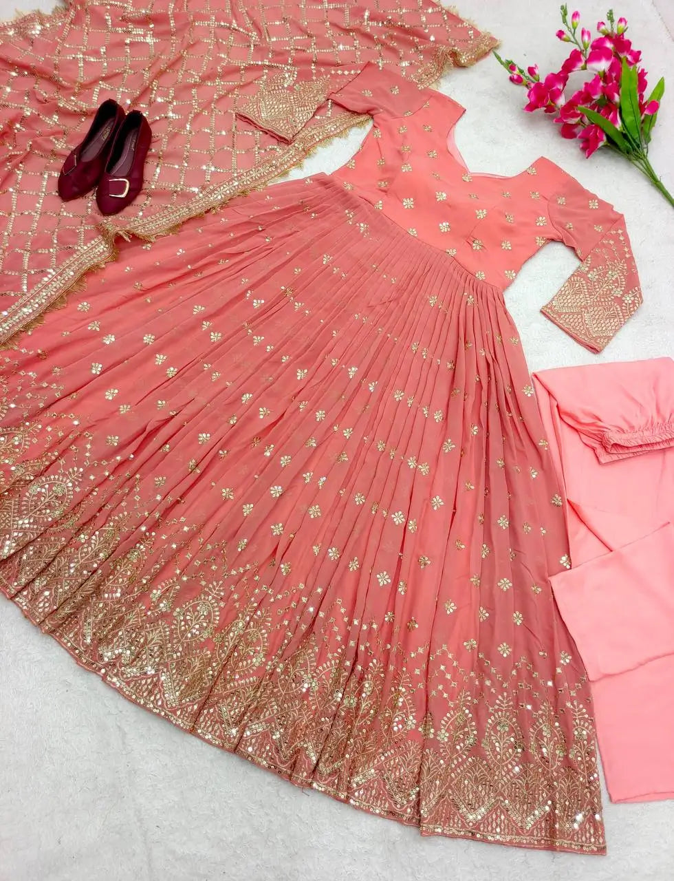 Embroidered Faux Georgette Gown Set with Dupatta
