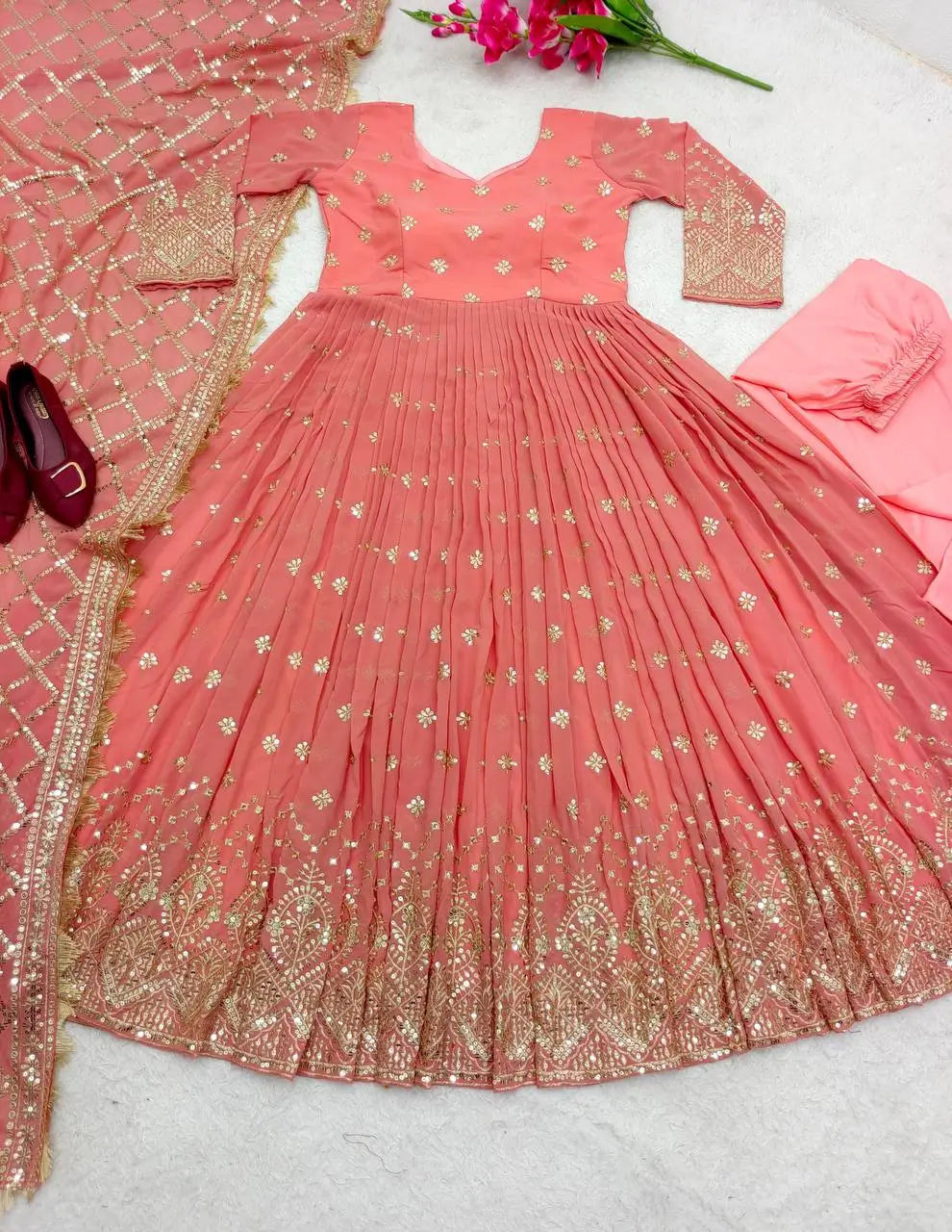 Embroidered Faux Georgette Gown Set with Dupatta