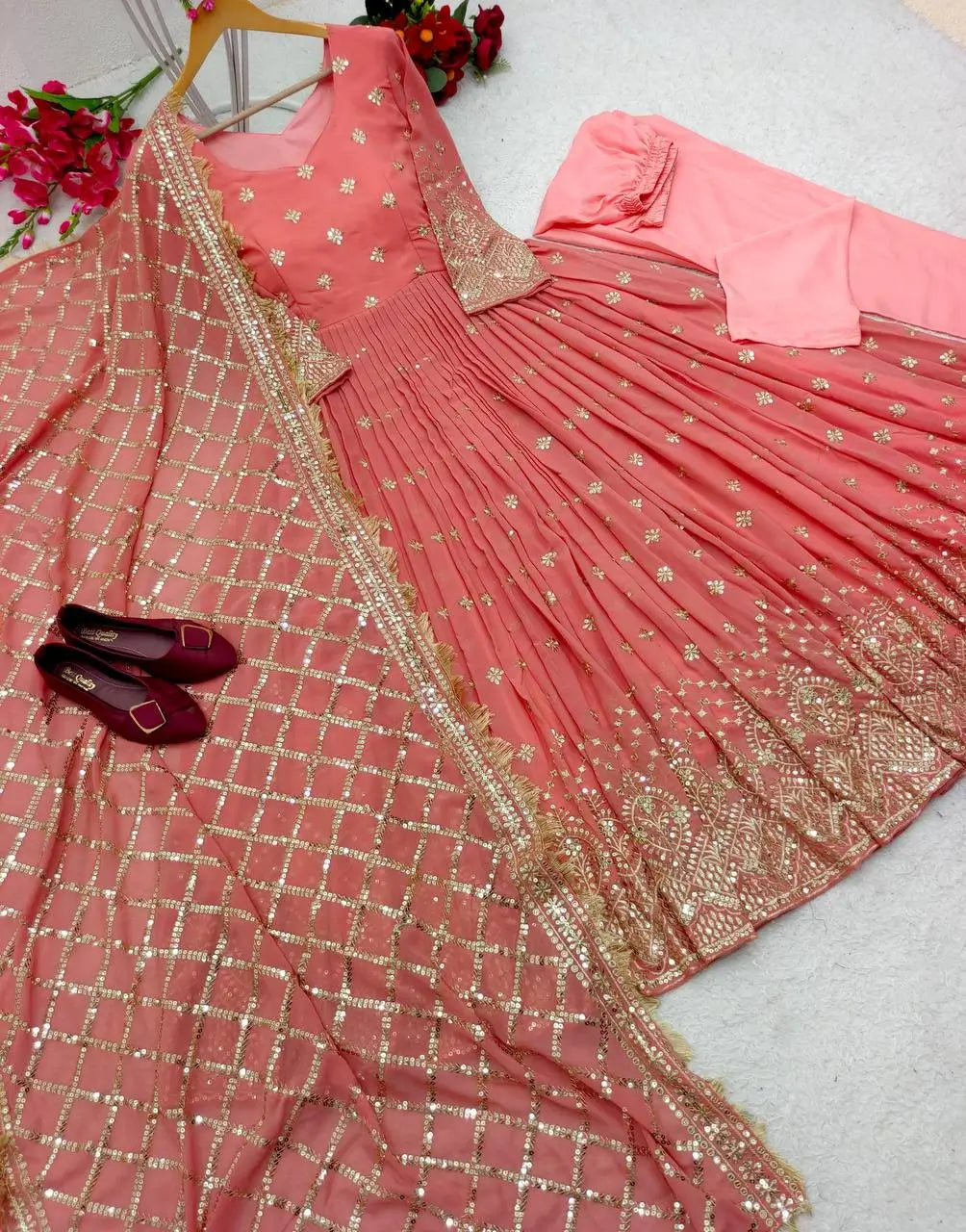 Embroidered Faux Georgette Gown Set with Dupatta