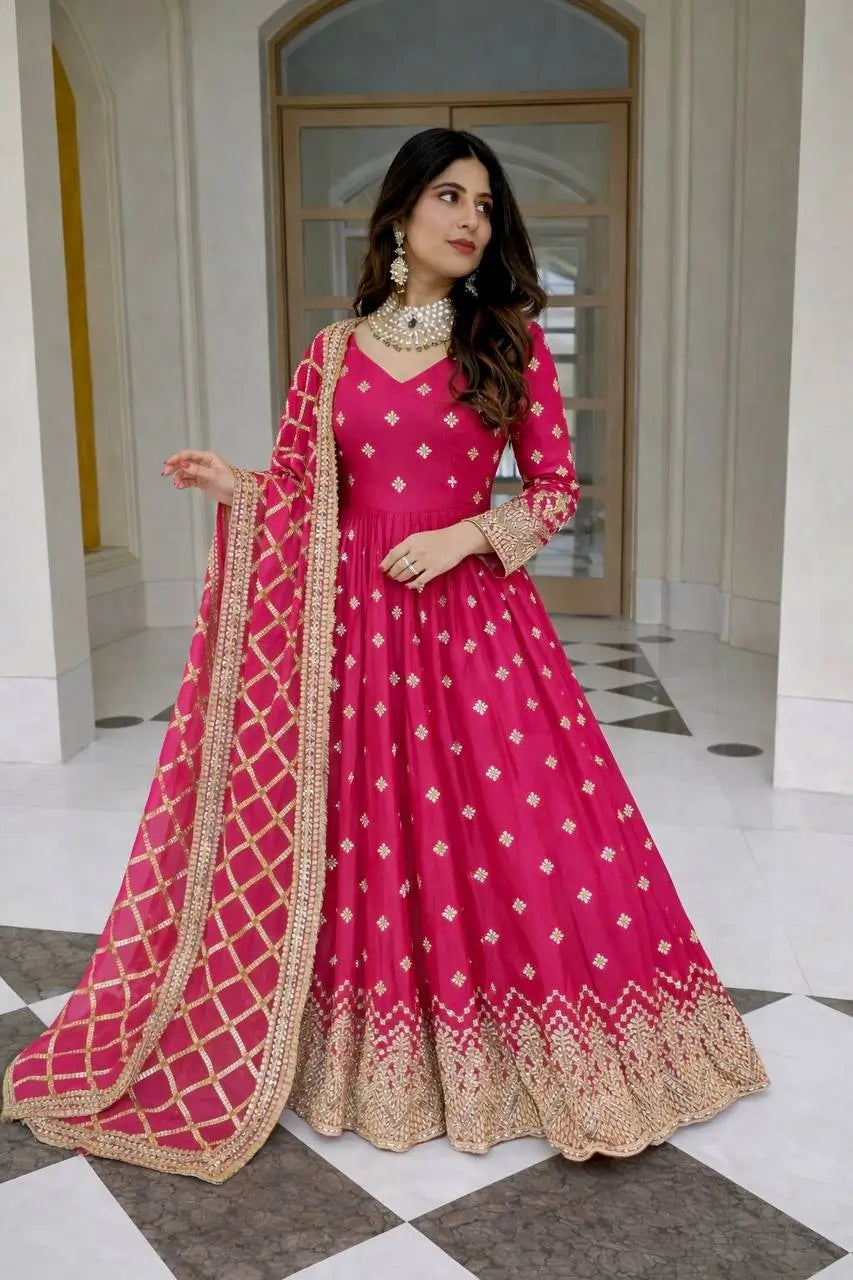 Embroidered Faux Georgette Gown Set with Dupatta
