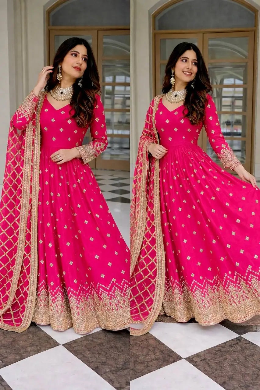 Embroidered Faux Georgette Gown Set with Dupatta