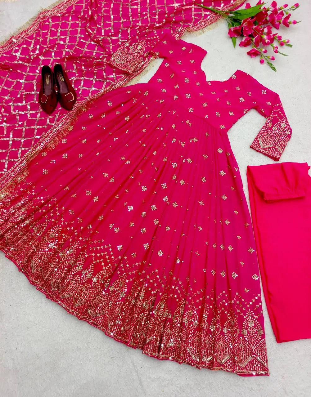 Embroidered Faux Georgette Gown Set with Dupatta