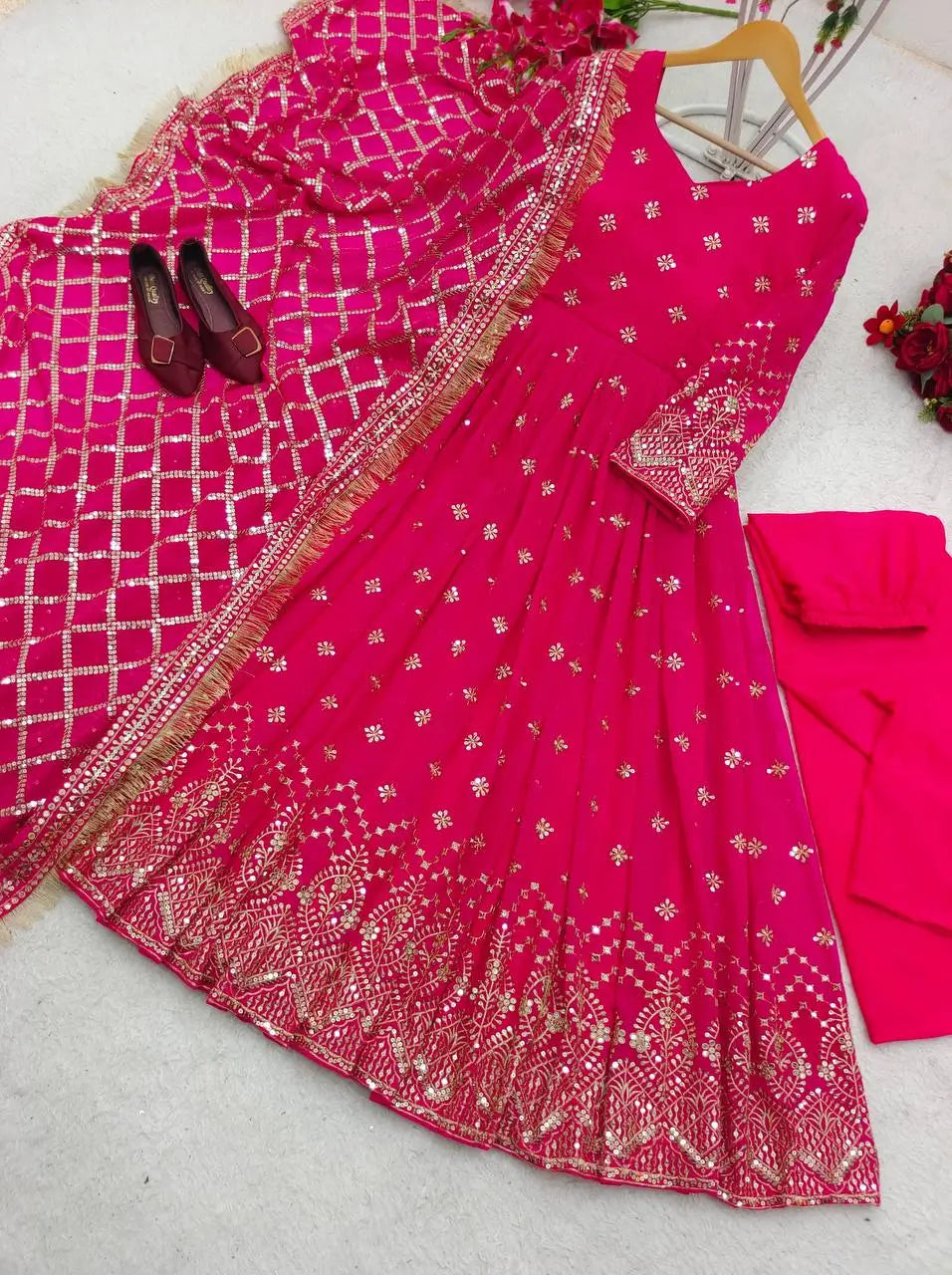Embroidered Faux Georgette Gown Set with Dupatta