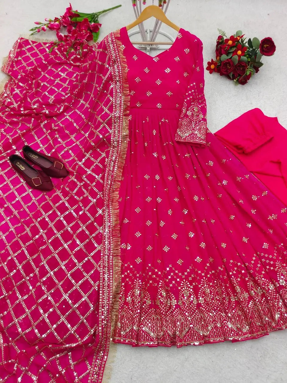 Embroidered Faux Georgette Gown Set with Dupatta
