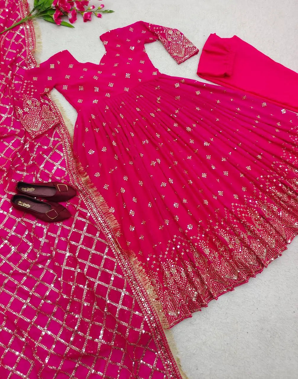 Embroidered Faux Georgette Gown Set with Dupatta