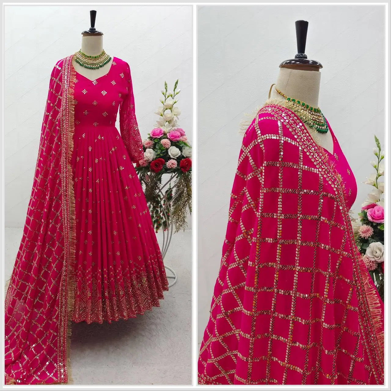 Embroidered Faux Georgette Gown Set with Dupatta