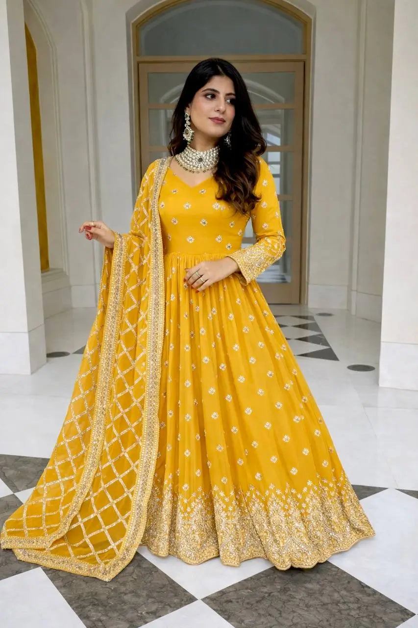 Embroidered Faux Georgette Gown Set with Dupatta