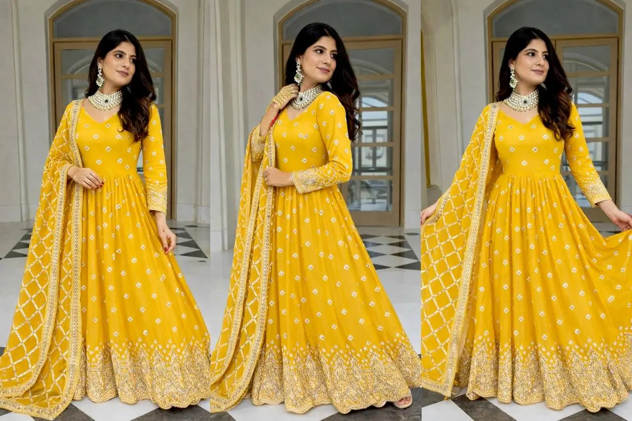 Embroidered Faux Georgette Gown Set with Dupatta