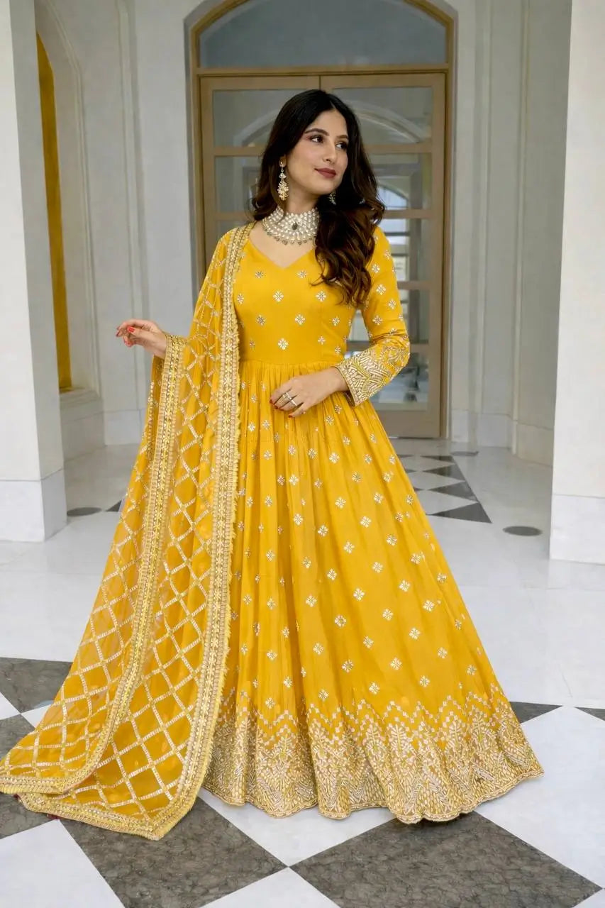Embroidered Faux Georgette Gown Set with Dupatta