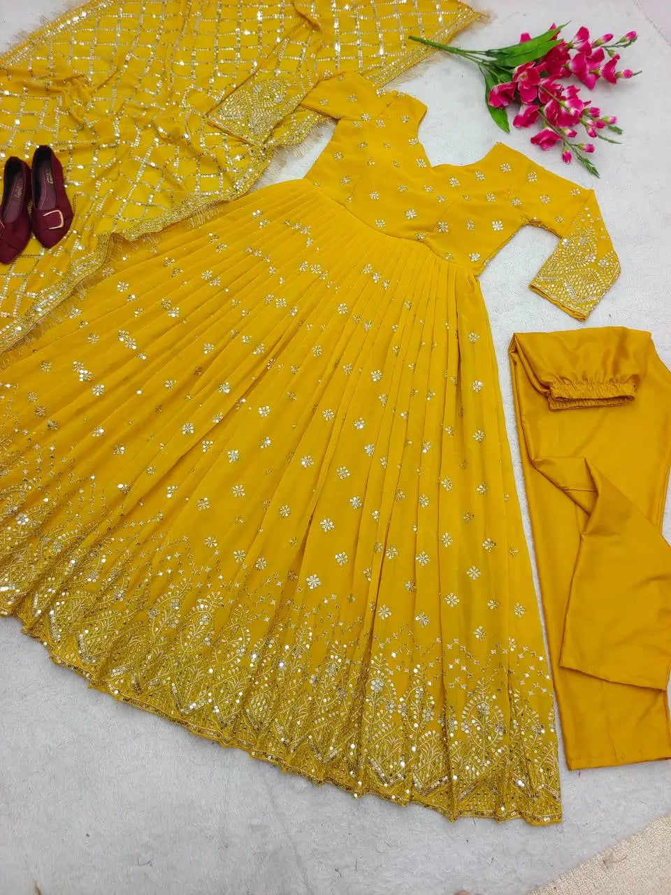Embroidered Faux Georgette Gown Set with Dupatta