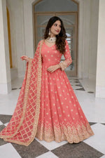 Embroidered Faux Georgette Gown Set with Dupatta