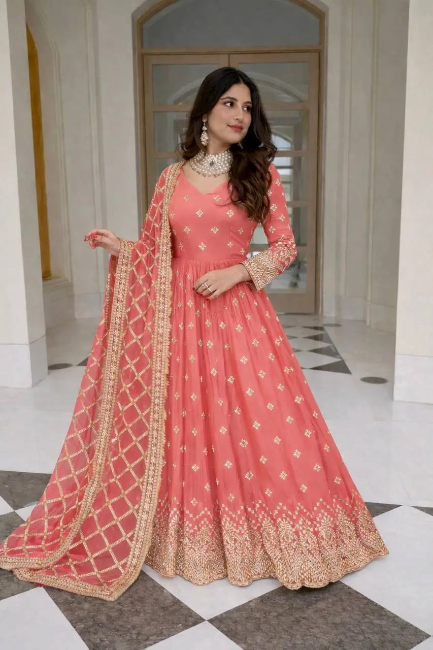 Embroidered Faux Georgette Gown Set with Dupatta