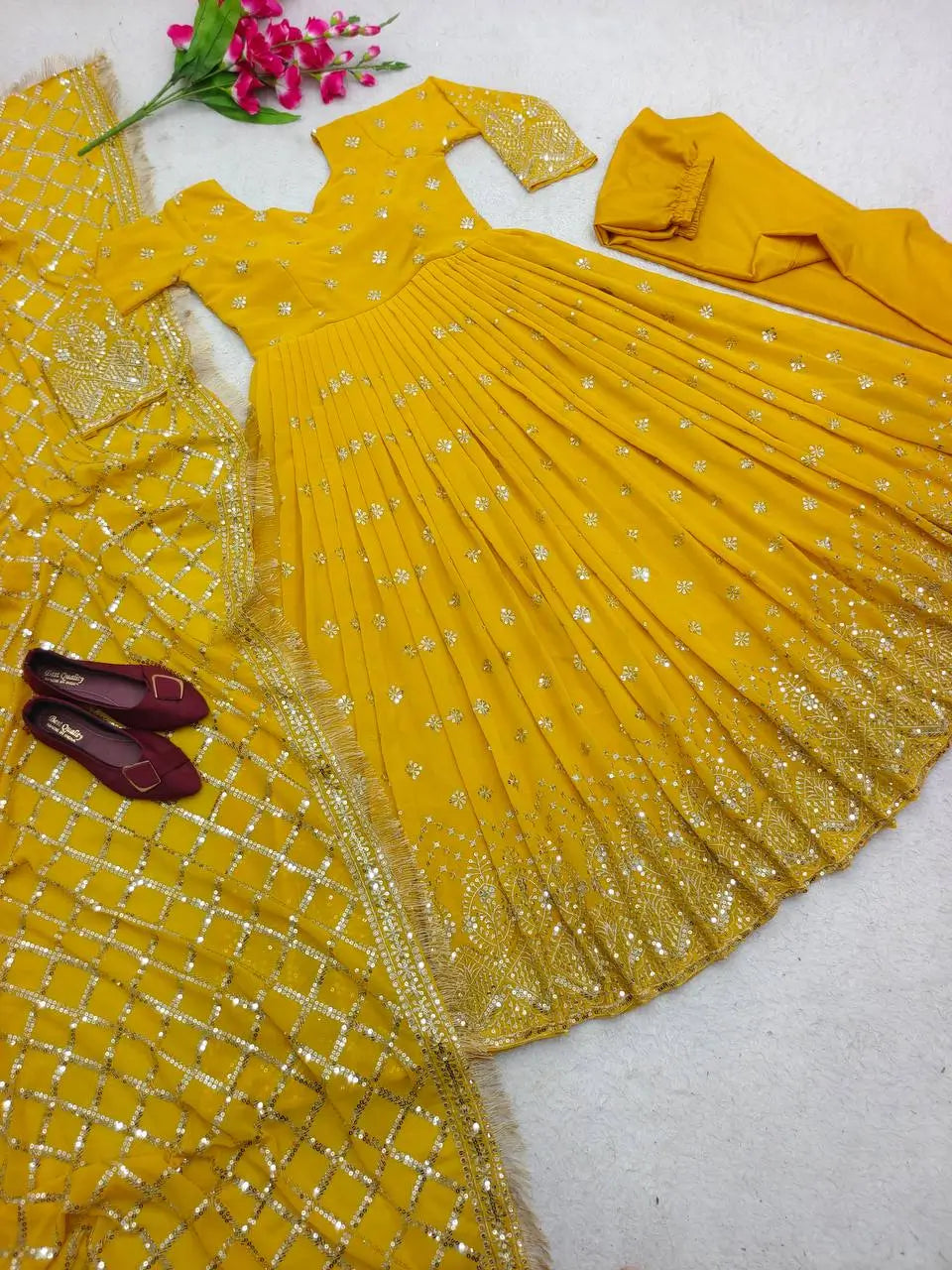 Embroidered Faux Georgette Gown Set with Dupatta