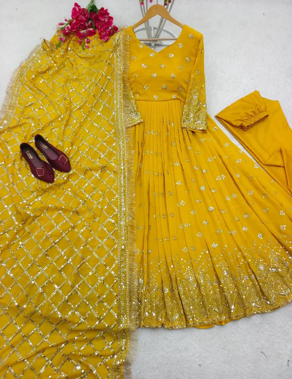 Embroidered Faux Georgette Gown Set with Dupatta