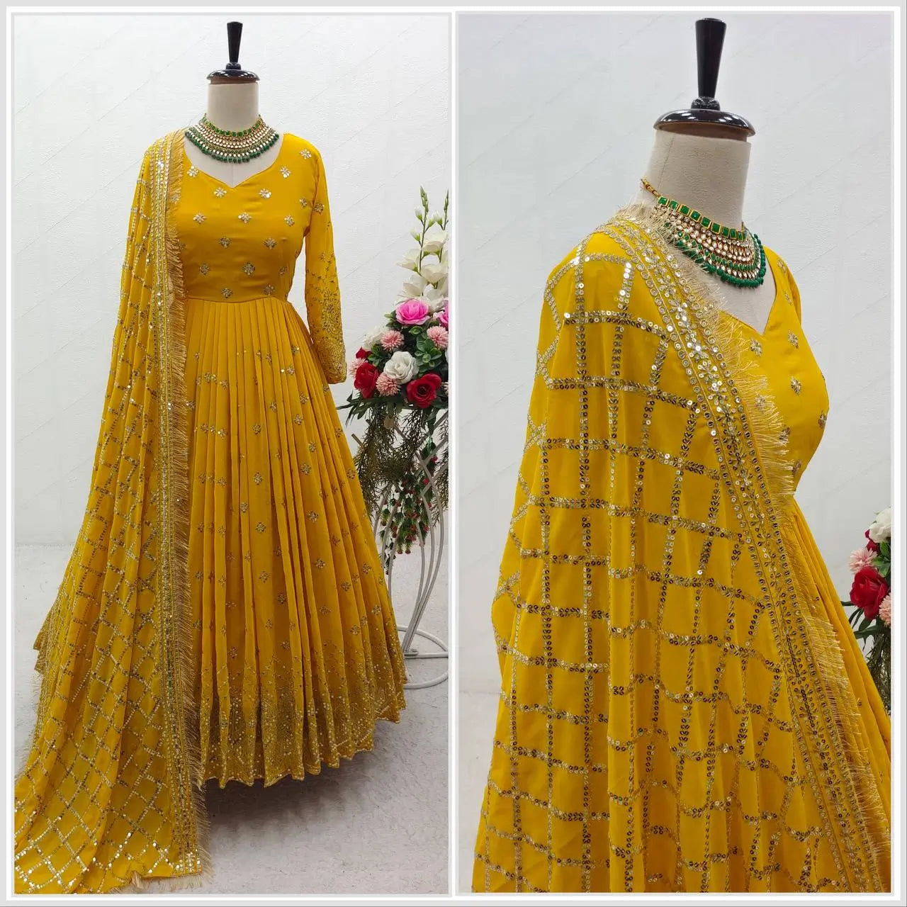 Embroidered Faux Georgette Gown Set with Dupatta