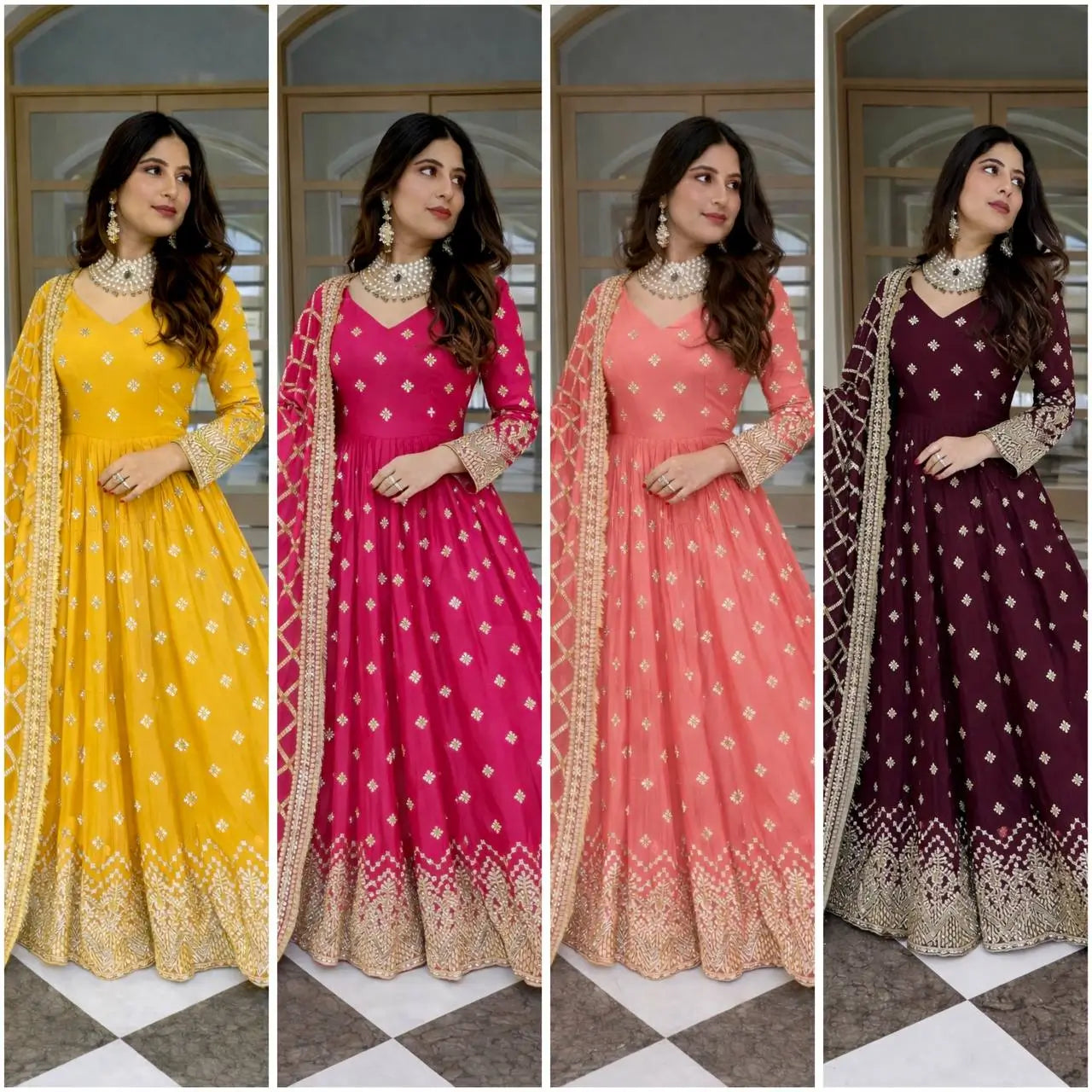 Embroidered Faux Georgette Gown Set with Dupatta