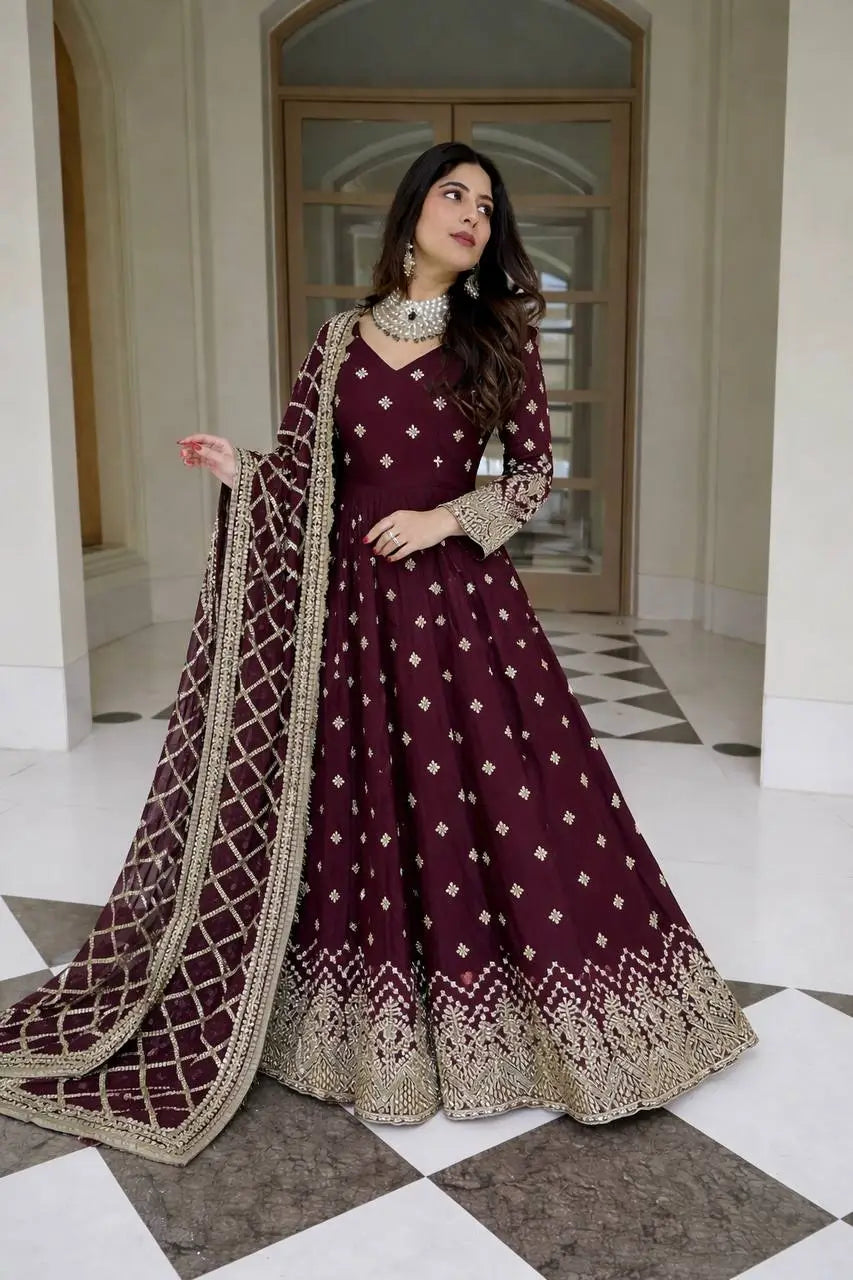 Embroidered Faux Georgette Gown Set with Dupatta