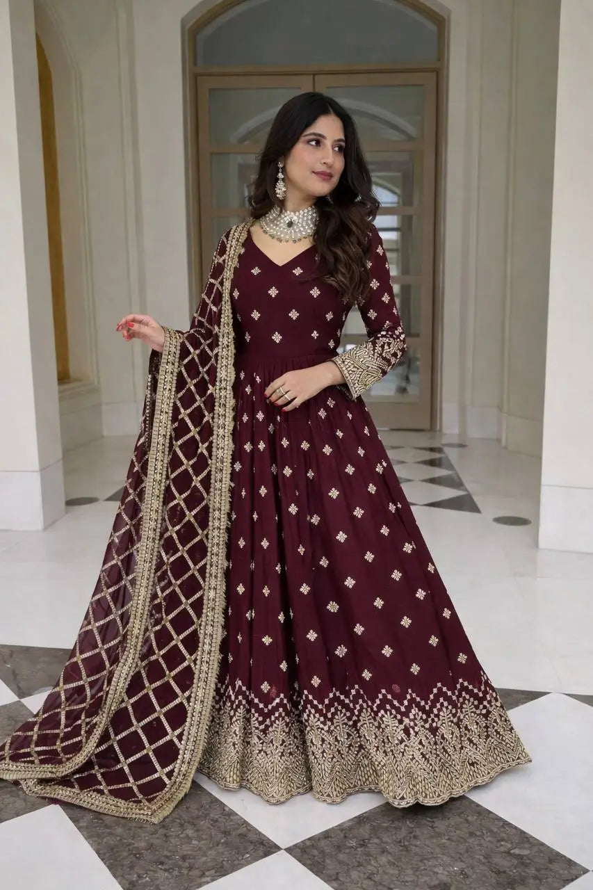 Embroidered Faux Georgette Gown Set with Dupatta