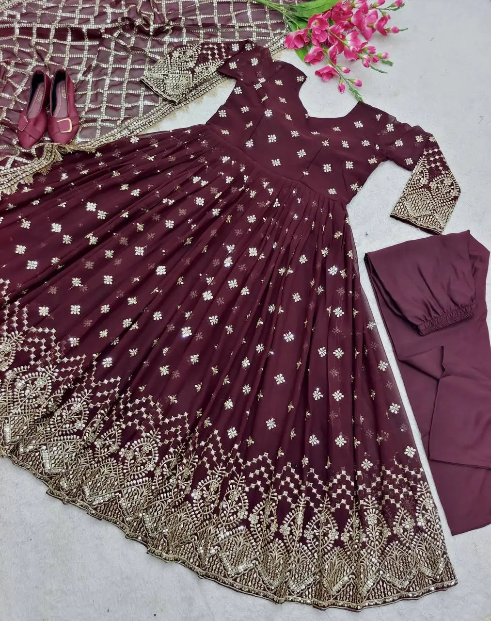 Embroidered Faux Georgette Gown Set with Dupatta