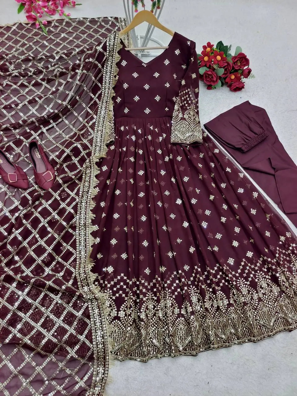Embroidered Faux Georgette Gown Set with Dupatta