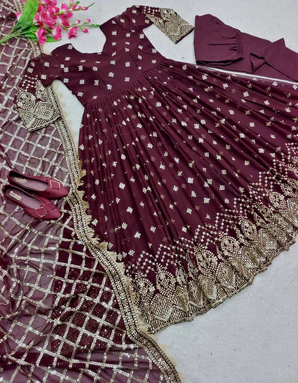 Embroidered Faux Georgette Gown Set with Dupatta