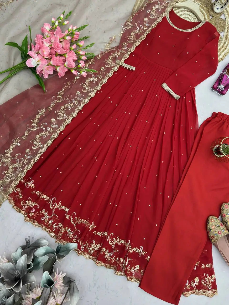Embroidered Faux Georgette Gown Set with Organza Dupatta for Wedding and Festive Wear