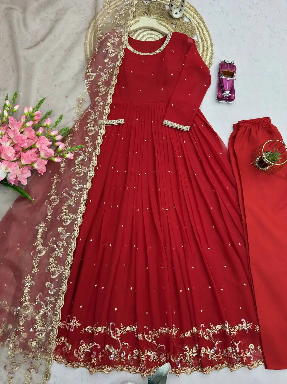 Embroidered Faux Georgette Gown Set with Organza Dupatta for Wedding and Festive Wear