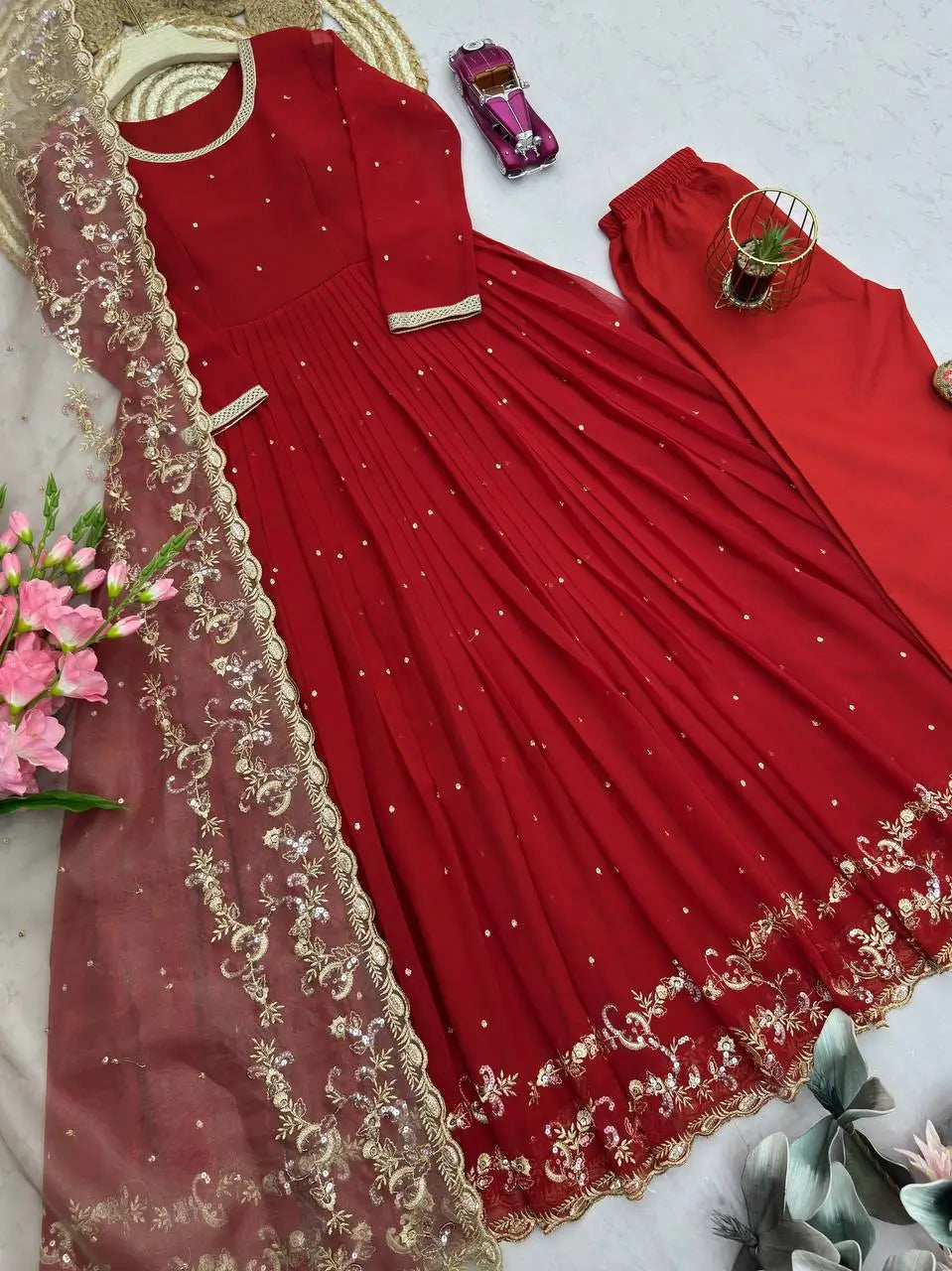 Embroidered Faux Georgette Gown Set with Organza Dupatta for Wedding and Festive Wear