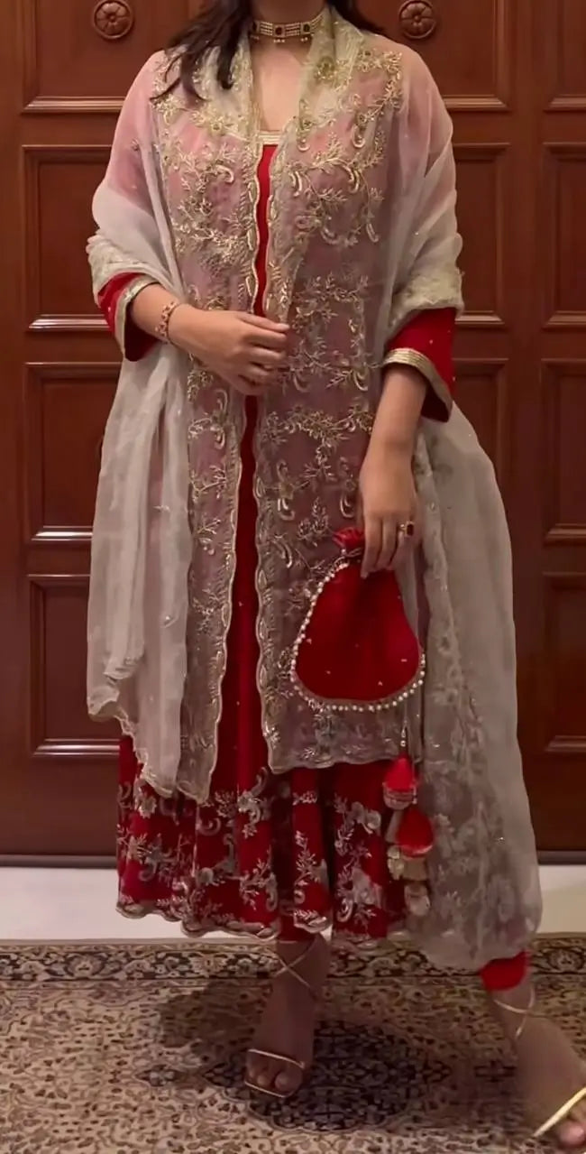 Embroidered Faux Georgette Gown Set with Organza Dupatta for Wedding and Festive Wear