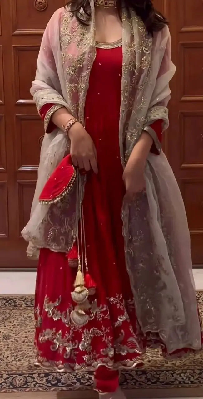 Embroidered Faux Georgette Gown Set with Organza Dupatta for Wedding and Festive Wear