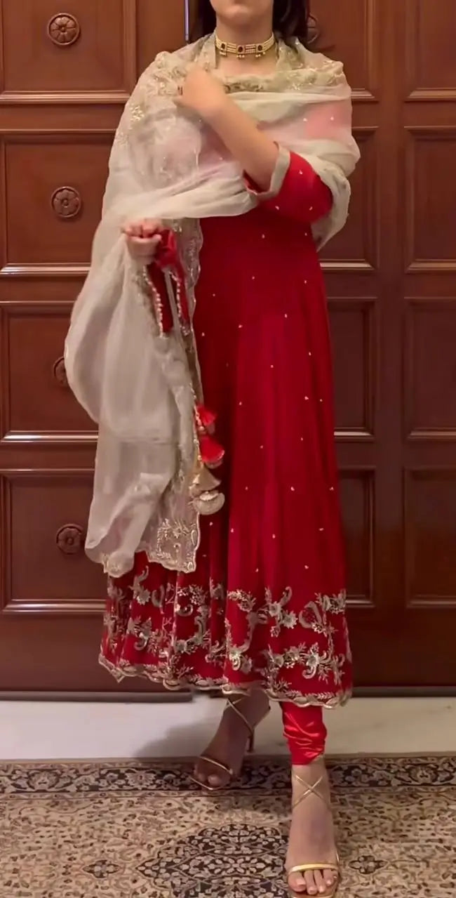 Embroidered Faux Georgette Gown Set with Organza Dupatta for Wedding and Festive Wear