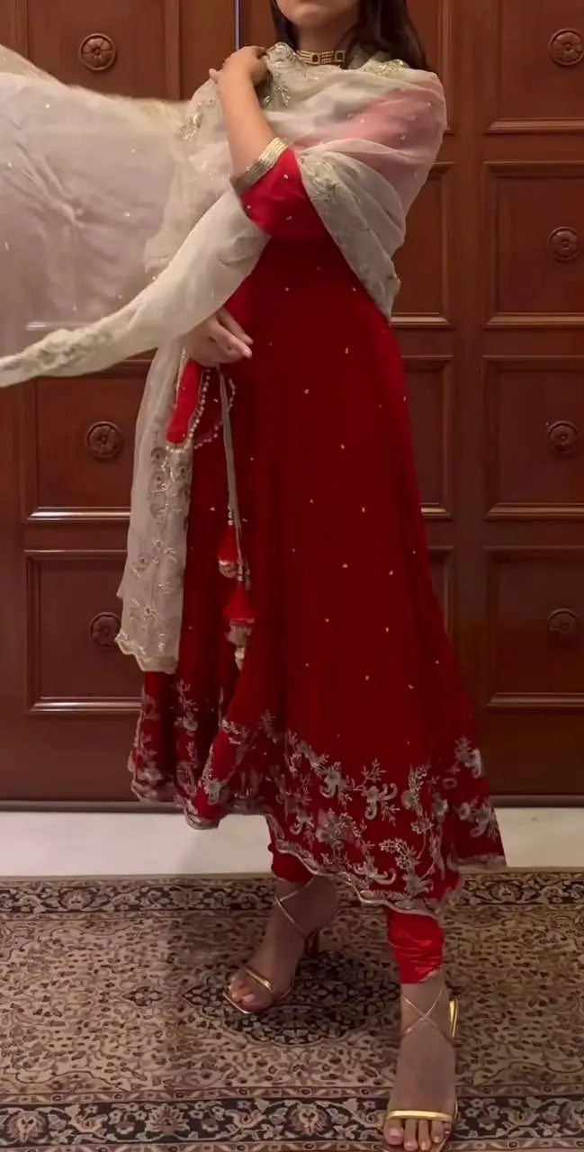 Embroidered Faux Georgette Gown Set with Organza Dupatta for Wedding and Festive Wear