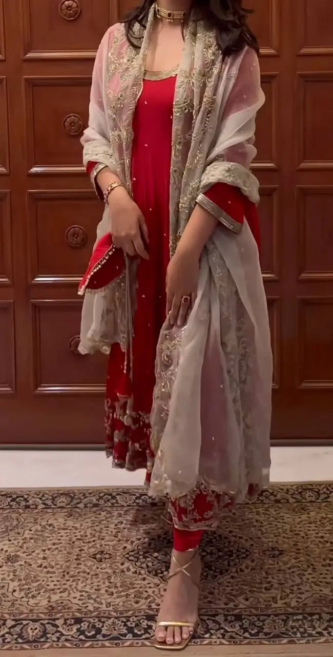 Embroidered Faux Georgette Gown Set with Organza Dupatta for Wedding and Festive Wear